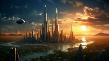 futuristisch Wolkenkratzer dominiert Stadt Horizont wie Sonne setzt foto