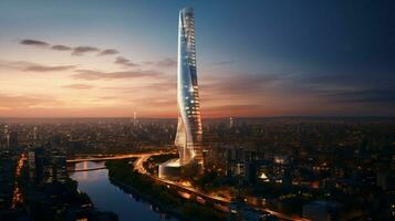 futuristisch Wolkenkratzer spiegelt Stadt Leben beim Dämmerung foto