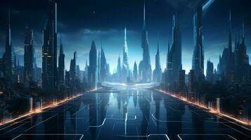 futuristisch Wolkenkratzer erleuchten das Stadt beim Nacht foto
