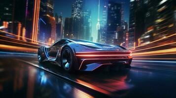 glühend Auto zoomt durch futuristisch Stadt Straßen foto