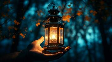 glühend Laterne leuchtet dunkel Nacht mit Spiritualität foto