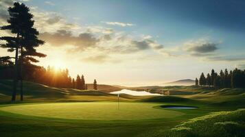 Golf Verein Schaukeln beim Dämmerung auf grasig Kurs foto