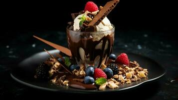 Gourmet Dessert mit dunkel Schokolade Milchshake foto