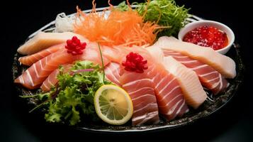 Gourmet Meeresfrüchte Mahlzeit Teller von frisch Sashimi gesund Essen foto