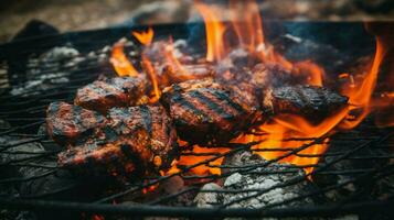 gegrillt Grill Essen Kochen draußen Kohle schließen oben Mahlzeit foto