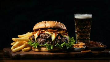 gegrillt Rindfleisch Burger mit Cheddar Käse Fritten und Cola foto