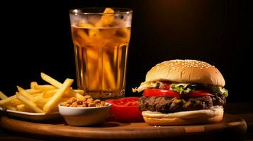 gegrillt Rindfleisch Burger mit Käse Fritten und erfrischend Cola foto