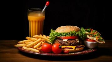 gegrillt Cheeseburger Fritten und Erfrischung zum Mittagessen foto