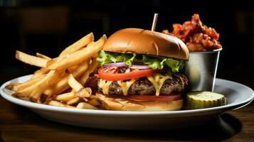 gegrillt Cheeseburger mit Tomate Zwiebel und Fritten foto