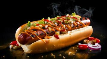 gegrillt heiß Hund auf Brötchen mit Ketchup Zwiebel und genießen foto
