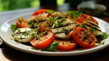 gegrillt Tomate und Mozzarella Salat ein Gourmet Vegetarier foto