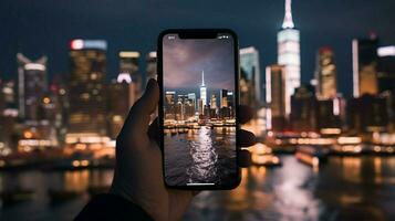 Handheld Gerät erfasst atemberaubend Stadt Horizont beim Nacht foto