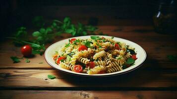 gesund Essen frisch Vegetarier Pasta Mahlzeit auf hölzern Tabelle foto