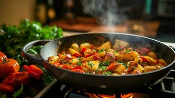 gesund Vegetarier Eintopf Kochen auf Herd oben im hausgemacht foto