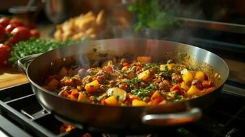 gesund Vegetarier Eintopf Kochen auf Herd oben im hausgemacht foto