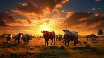 Herde Weiden lassen auf Wiese von hinten beleuchtet durch Sonnenuntergang foto