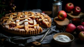 hausgemacht Apfel Kuchen gebacken mit frisch Obst und rustikal Vergangenheit foto