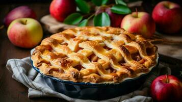 hausgemacht Apfel Kuchen gebacken mit frisch Obst und rustikal Vergangenheit foto