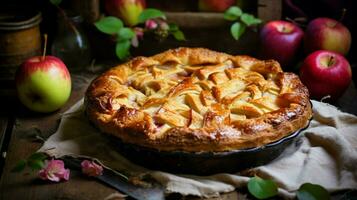 hausgemacht Apfel Kuchen gebacken mit frisch Obst und rustikal Vergangenheit foto