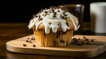 hausgemacht Schokolade Chip Muffin mit cremig Glasur auf hölzern Tabelle foto