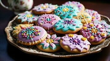 hausgemacht Gourmet Kekse mit bunt Glasur ein Süss foto