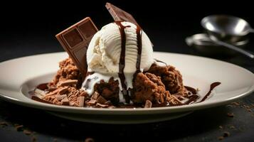 nachsichtig Schokolade Dessert auf Teller mit cremig Eis Sahne foto