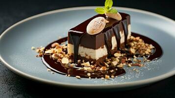 nachsichtig dunkel Schokolade Dessert mit Haselnuss Mandel foto