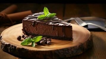 nachsichtig hausgemacht Schokolade Käsekuchen auf ein Holz Tabelle foto