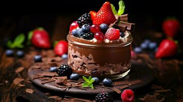 nachsichtig hausgemacht Schokolade Mousse mit frisch Beere Obst foto