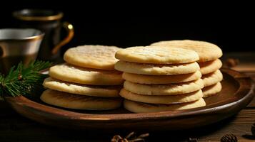 nachsichtig hausgemacht Shortbread Kekse gestapelt auf rustikal foto