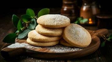 nachsichtig hausgemacht Shortbread Kekse gestapelt auf rustikal foto