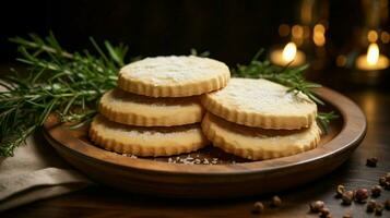 nachsichtig hausgemacht Shortbread Kekse gestapelt auf rustikal foto