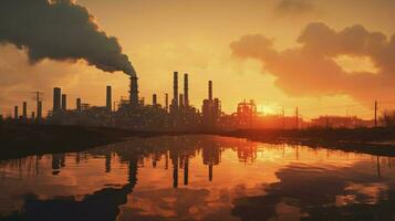 industriell Sonnenuntergang spiegelt Verschmutzung von Fabrik Ausrüstung foto