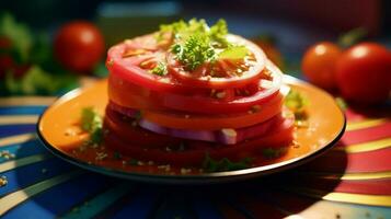 saftig reif Tomate Scheibe auf beschwingt multi farbig Salat foto