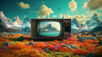 Landschaft mit Berge im Fernseher Gerät foto