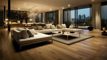 Luxus modern Wohnung mit elegant Holz Bodenbelag foto
