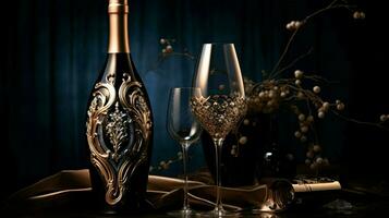 Luxus Wein Flasche und elegant Weinglas Duo foto