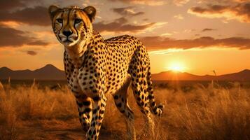 majestätisch Gepard Gehen im afrikanisch Savanne Sonnenuntergang foto