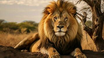 majestätisch Löwe ruhen im das afrikanisch Wildnis suchen foto