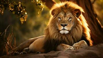 majestätisch Löwe ruhen im das afrikanisch Wildnis suchen foto