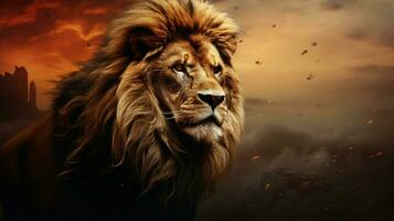 majestätisch Löwe starren mit Wachsamkeit Stärke im es ist groß foto