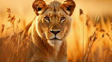 majestätisch Löwin im das Savanne Fokus auf ihr mächtig foto