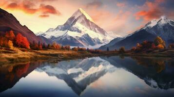 majestätisch Berg Gipfel spiegelt still Herbst Sonnenuntergang foto