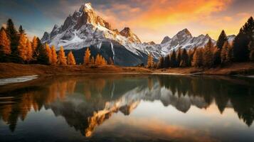 majestätisch Berg Gipfel spiegelt still Herbst Sonnenuntergang foto