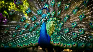 majestätisch Pfau Anzeigen beschwingt Schönheit im Natur foto