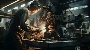 Metall Arbeiter mit Maschinen im industriell Werkstatt foto
