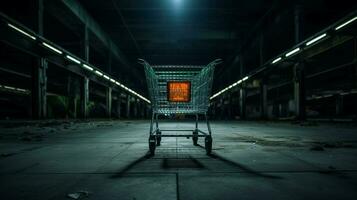 metallisch Einkaufen Wagen im leeren Supermarkt foto