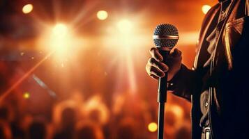 Mikrofon auf Bühne Sänger führt aus Felsen Musik- foto