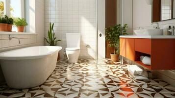 modern inländisch Badezimmer mit sauber gefliest Fußboden und abstrakt foto
