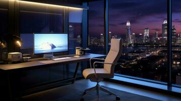 modern Zuhause Büro mit beleuchtet Computer Monitor foto